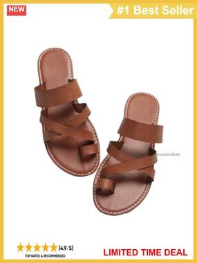 Womens Toe Ring Strappy Flat Summer Sandals PU Leather Open Toe Slip On